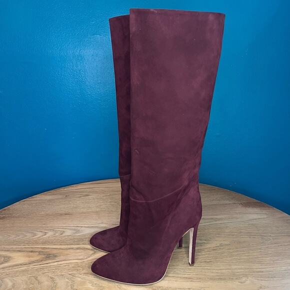 Brandon Maxwell Suede Knee High Stiletto Boots Burgundy Maroon Women’s 40/10 - Picture 5 of 12